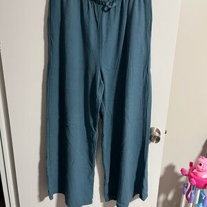 Amazon Wide Leg Linen Pants Teal Blue with Drawstring Waist and Pockets